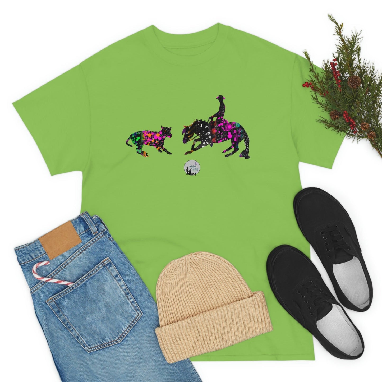 Neon Paint Splatter Cutting Horse Western Rustic Edgy Cute Heavy Cotton Tee