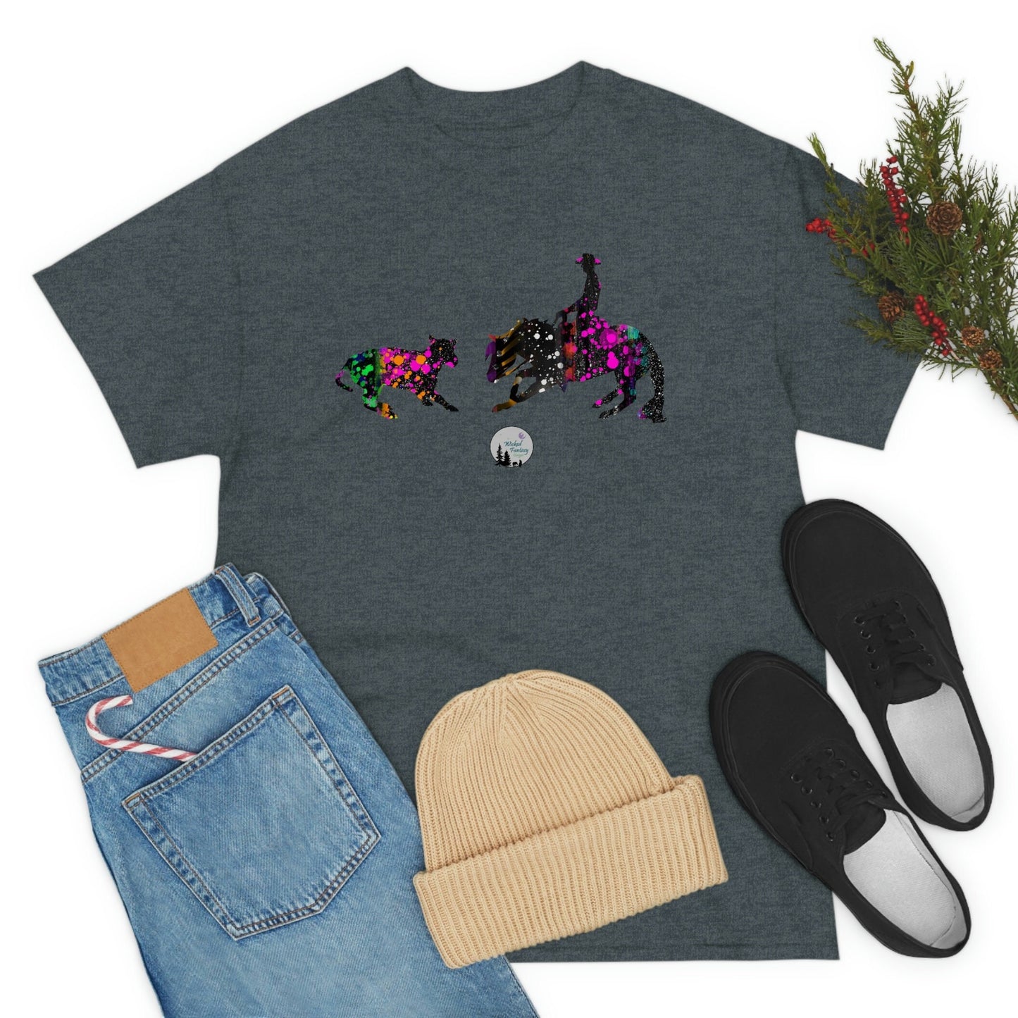 Neon Paint Splatter Cutting Horse Western Rustic Edgy Cute Heavy Cotton Tee