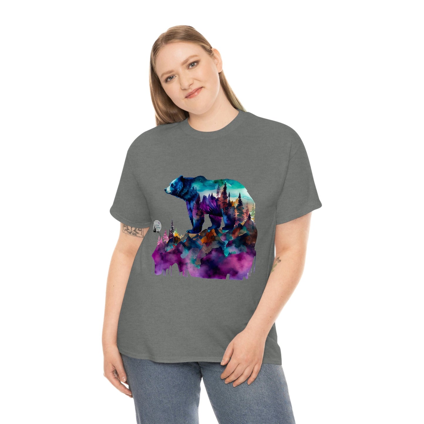 Standing Watercolor Grizzly Bear Overlook Forest Edgy Cute Heavy Cotton Tee