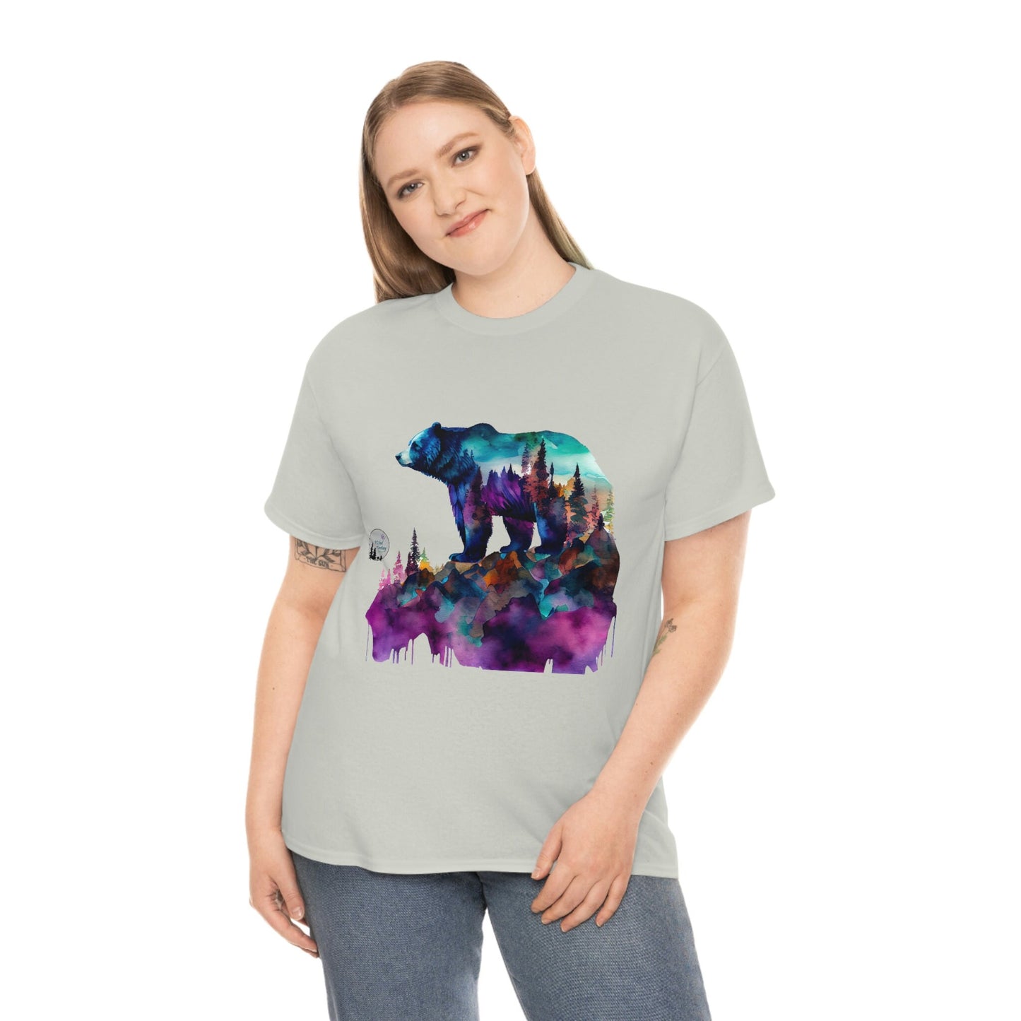 Standing Watercolor Grizzly Bear Overlook Forest Edgy Cute Heavy Cotton Tee