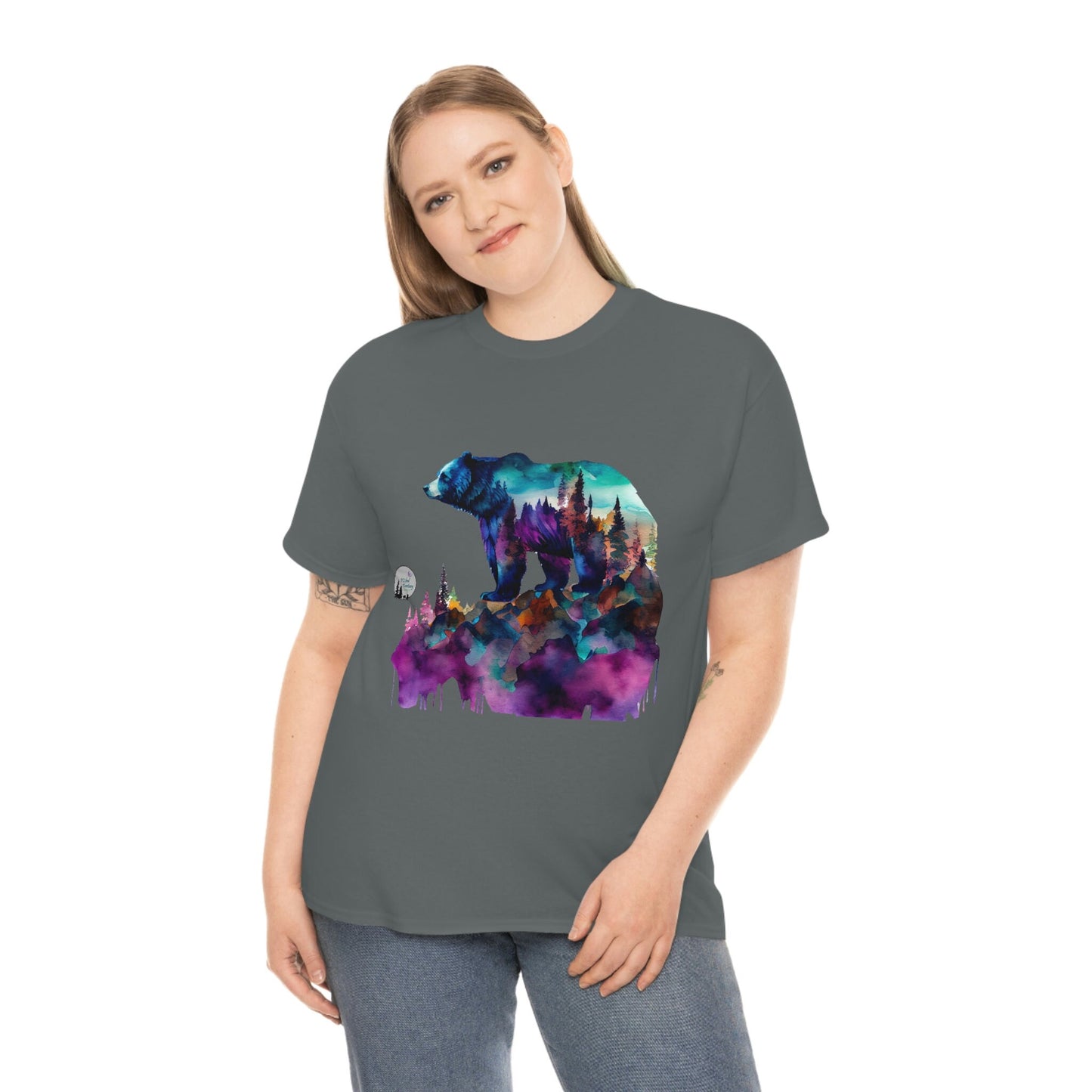 Standing Watercolor Grizzly Bear Overlook Forest Edgy Cute Heavy Cotton Tee