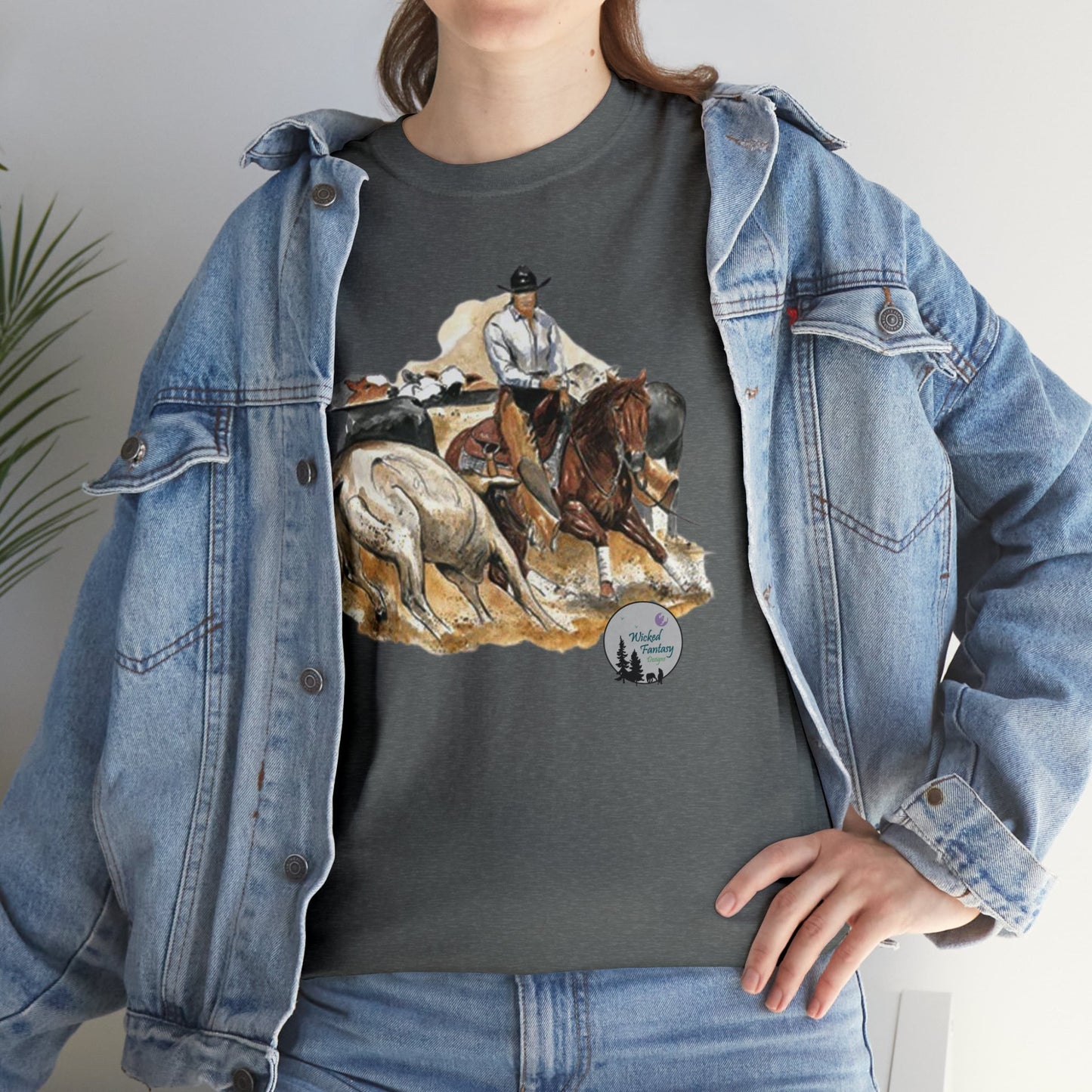 Cutting Horse Herd Work Cow Horse Western Ranch Life Heavy Cotton Tee