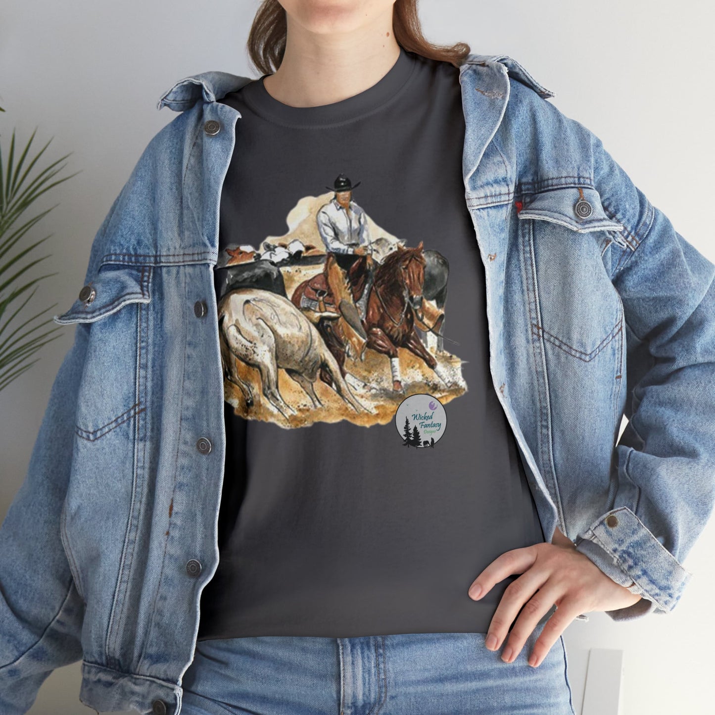 Cutting Horse Herd Work Cow Horse Western Ranch Life Heavy Cotton Tee