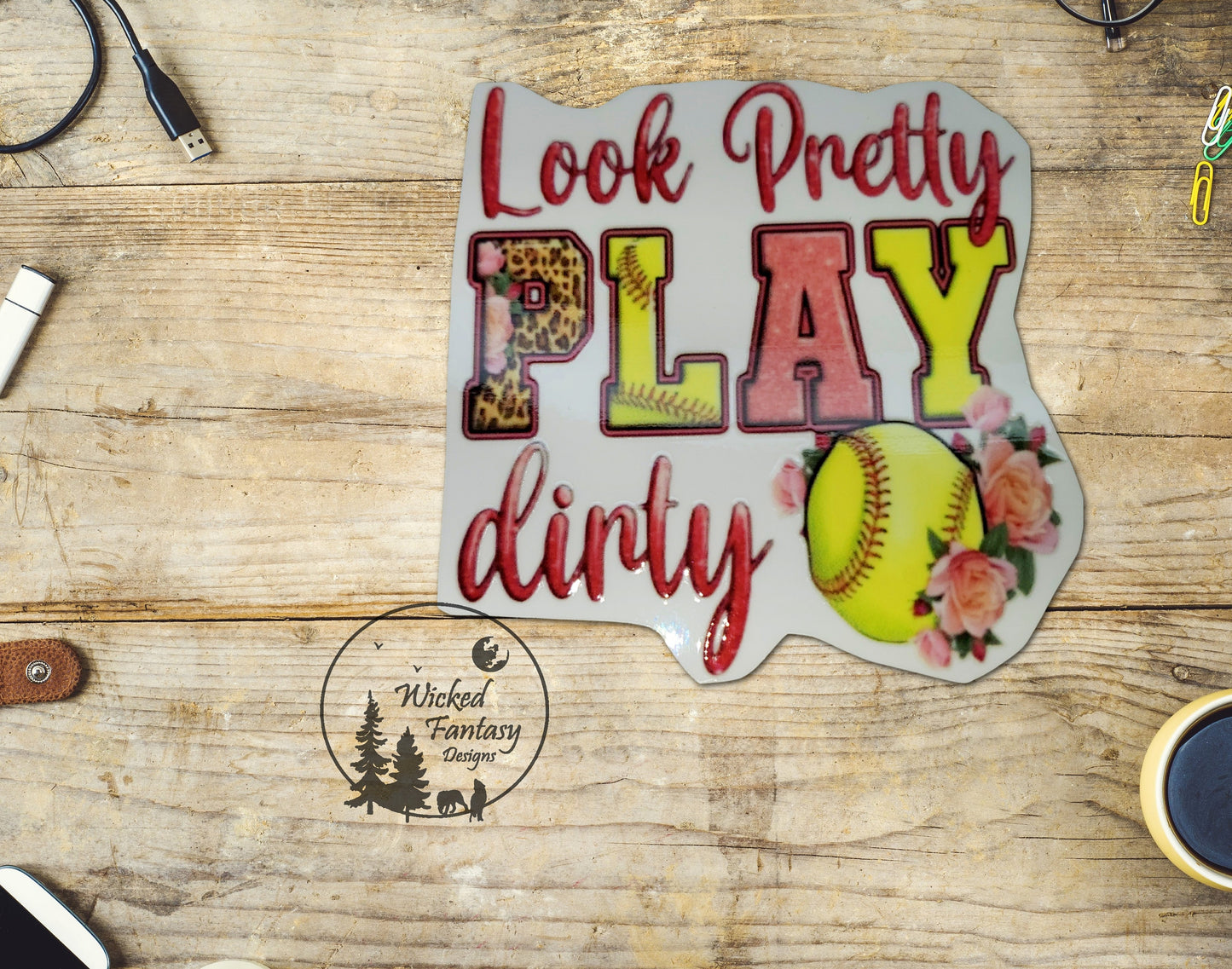 UVDTF Decal Softball Look Pretty Play Dirty Leopard Pattern Pink 1pc