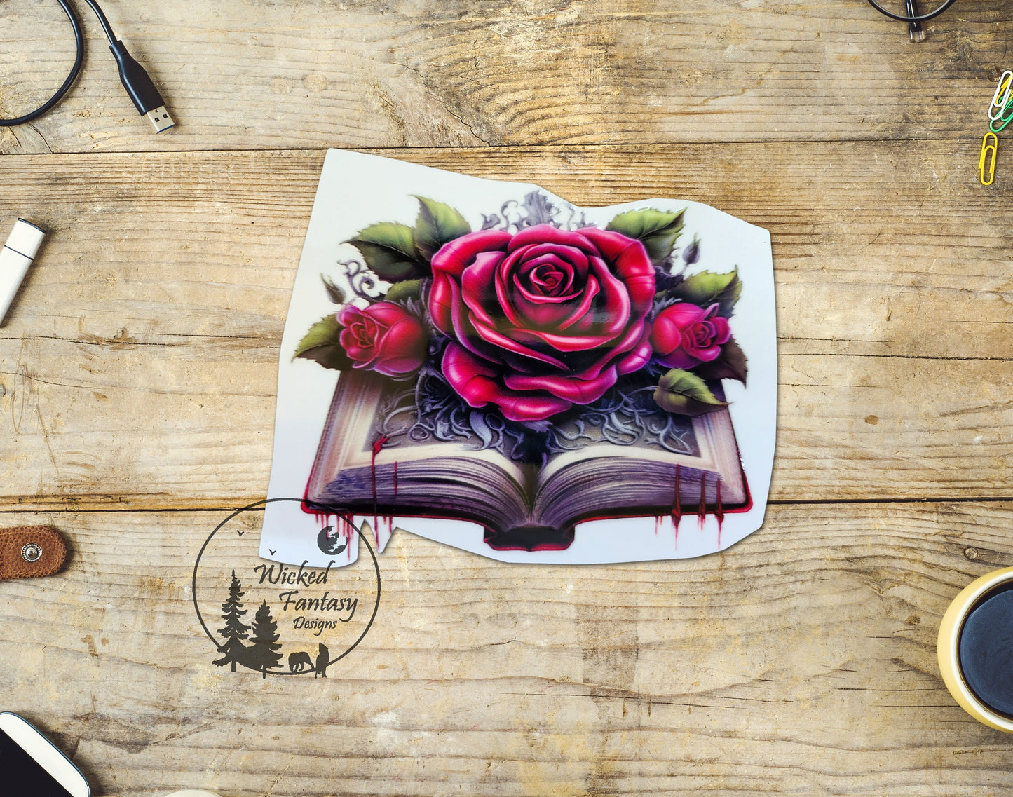UVDTF Decal Rose in Book Dripping Blood Transparent Background sticker 1pc
