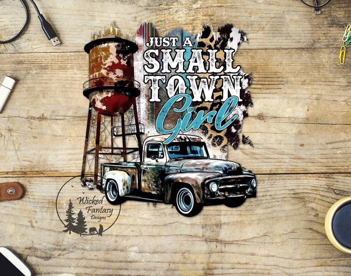 UVDTF Decal Just a Small Town Girl Cowhide Old Truck Rusty Water Tower Transparent Background Sticker 1pc