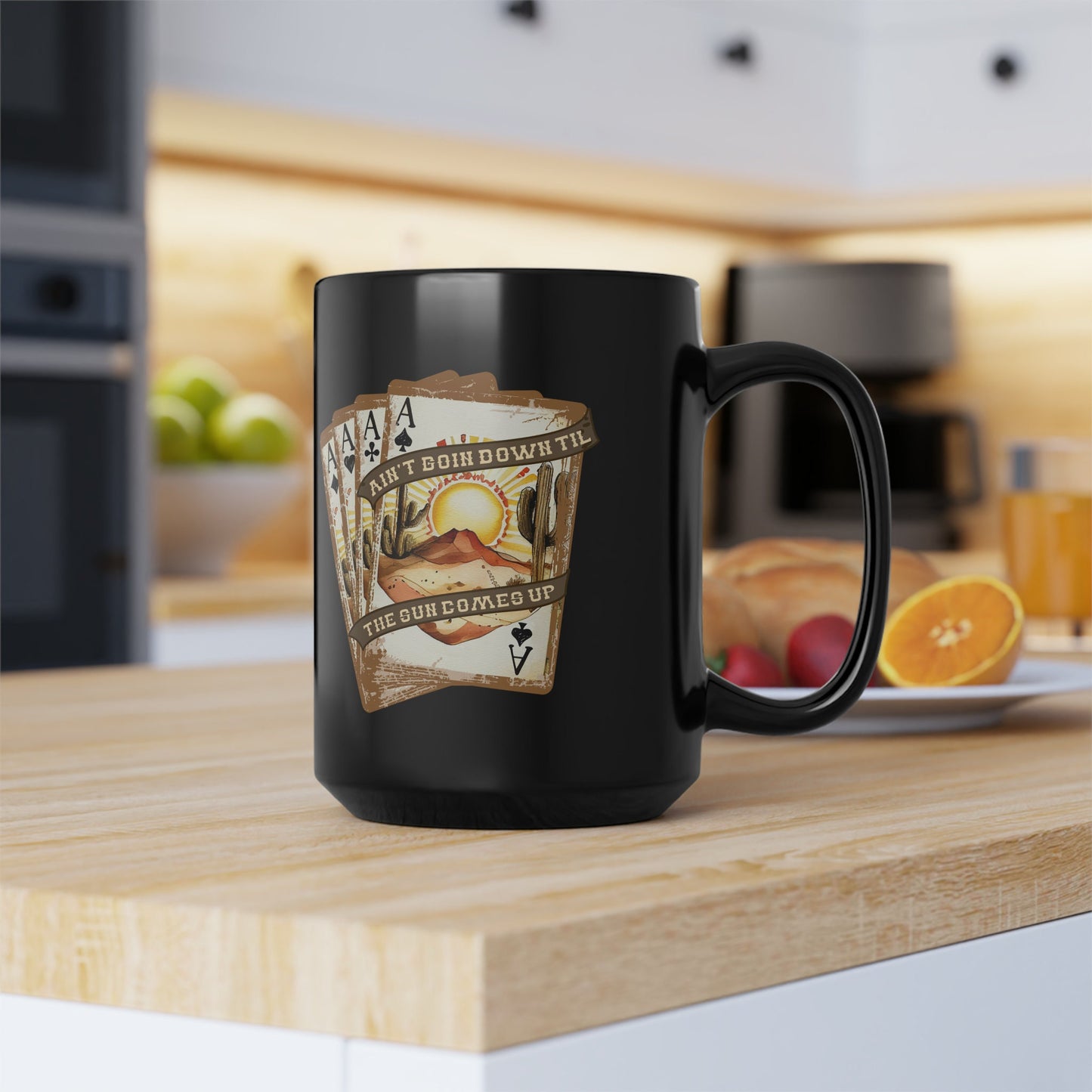 Aint Going Down Till The Sun Comes Up Four of a Kind Aces Poker Playing Cards Western Southwestern Cactus Mug, coffee tea black mug 15oz