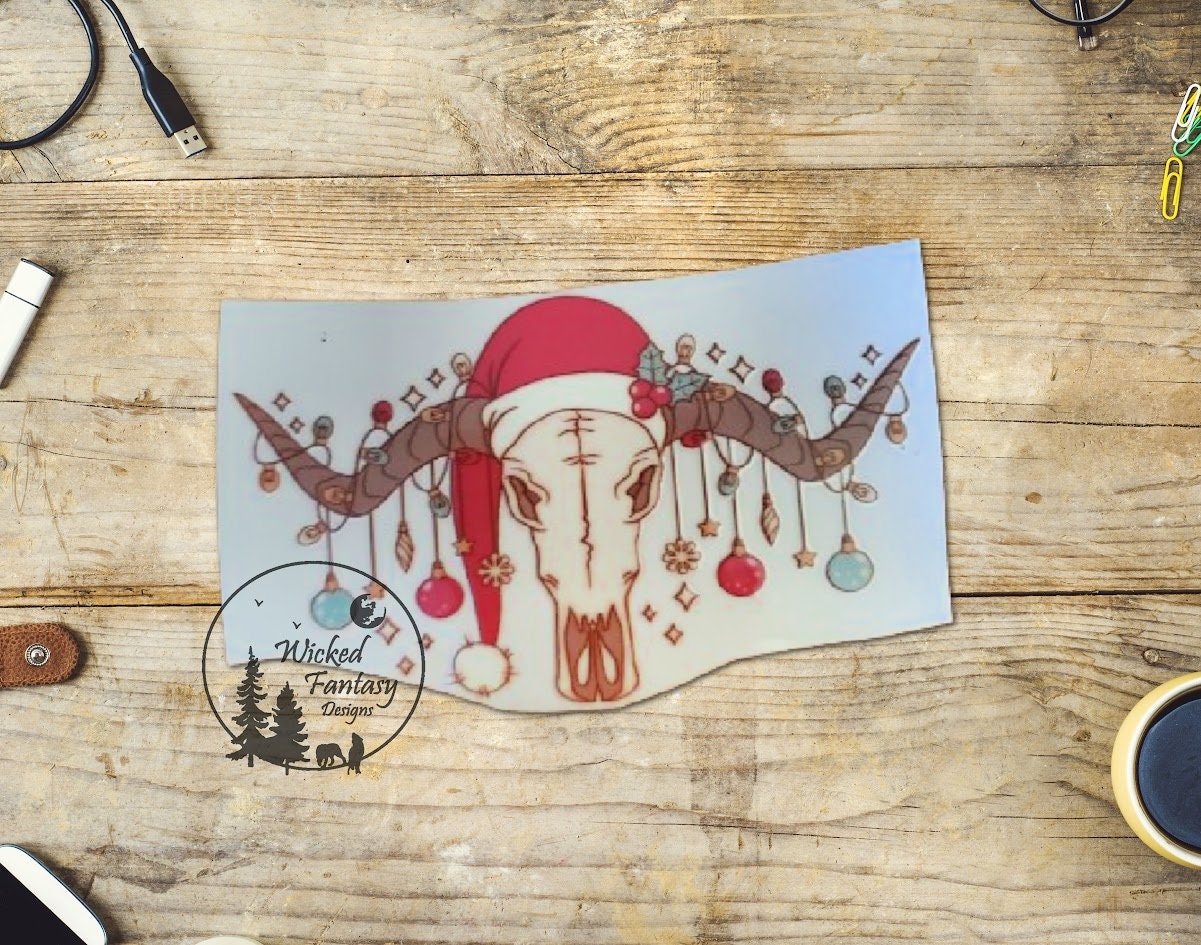 UVDTF Decal Christmas Cow Skull with Santa Hat and Decorations Transparent Background Sticker 1pc