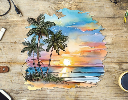 UVDTF Decal Pastel Sunset Beach by the Ocean Transparent Background Sticker 1pc