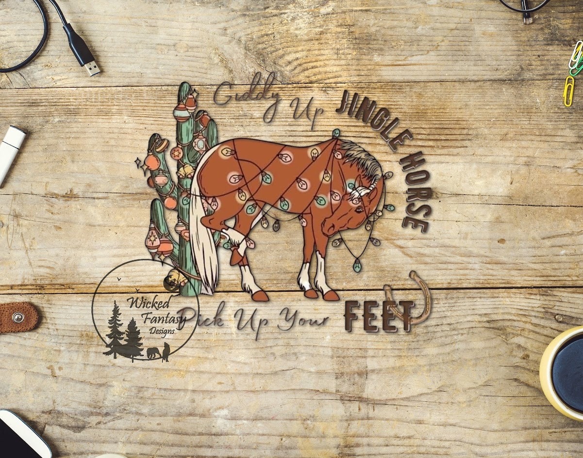 UVDTF Decal Giddy Up Jingle Horse Pick Up Your Feet Christmas Lights Cactus 1pc