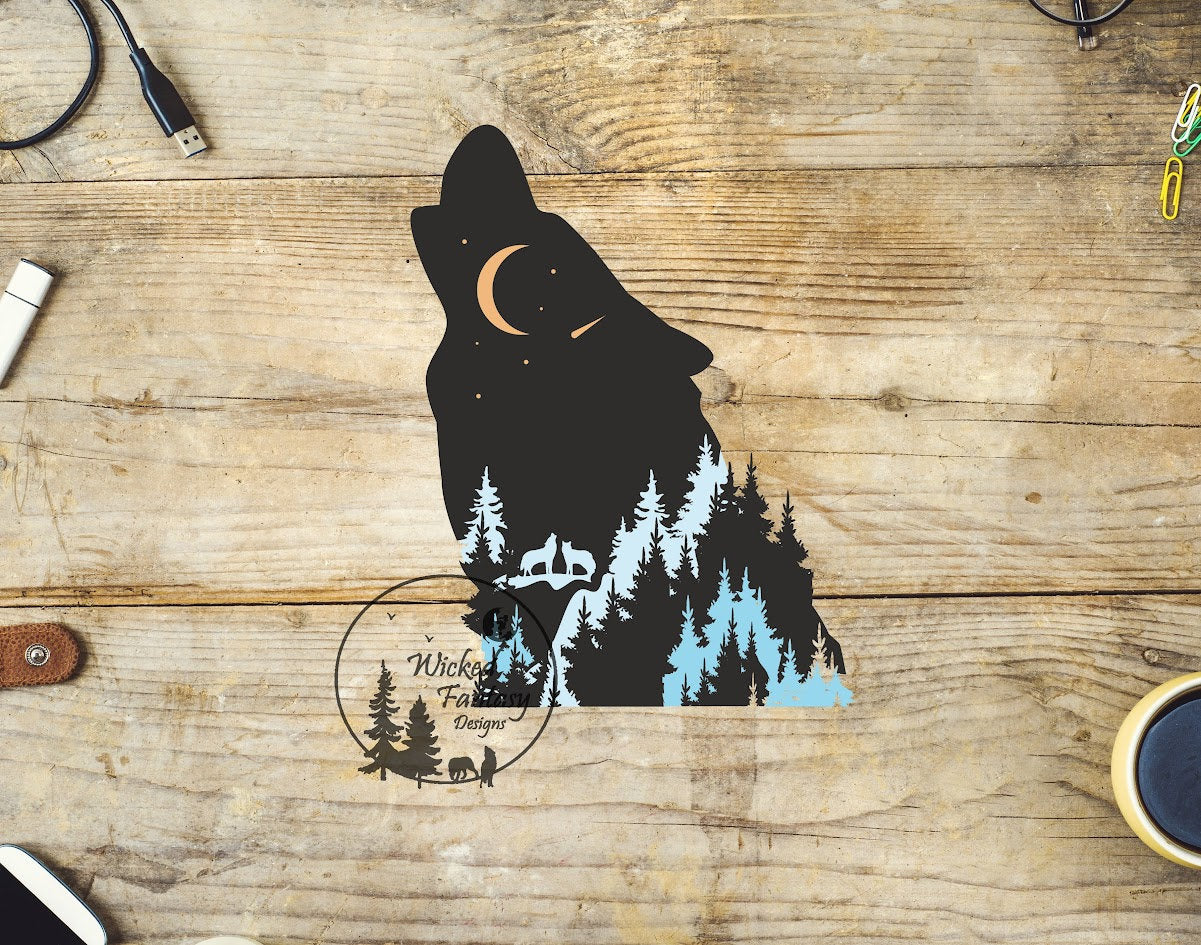 UVDTF Decal Howling Wolf Night Time Mountains 1pc