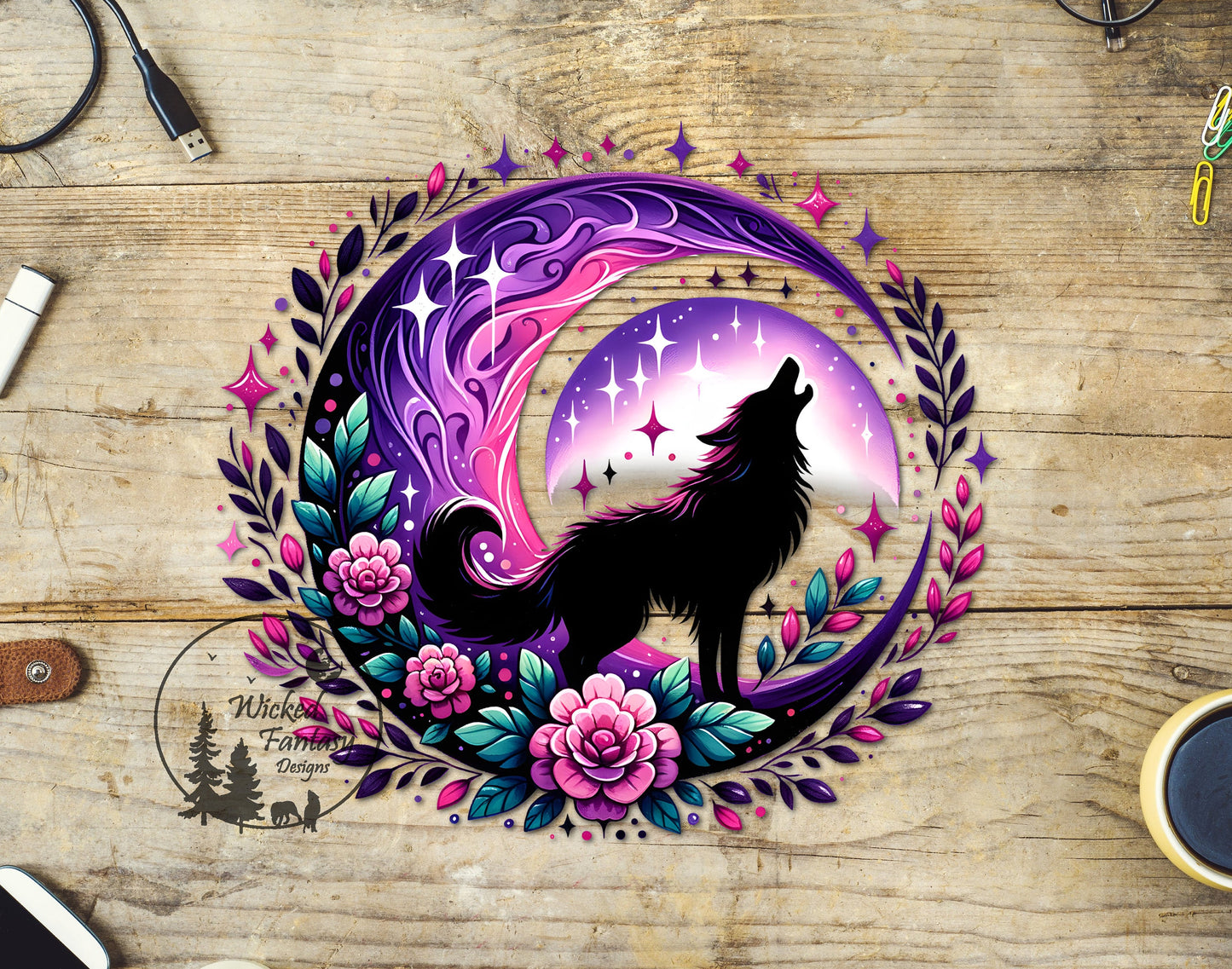 UVDTF Decal Howling Wolf Crescent Moon Stars Crystals Purple Magenta Roses 1pc