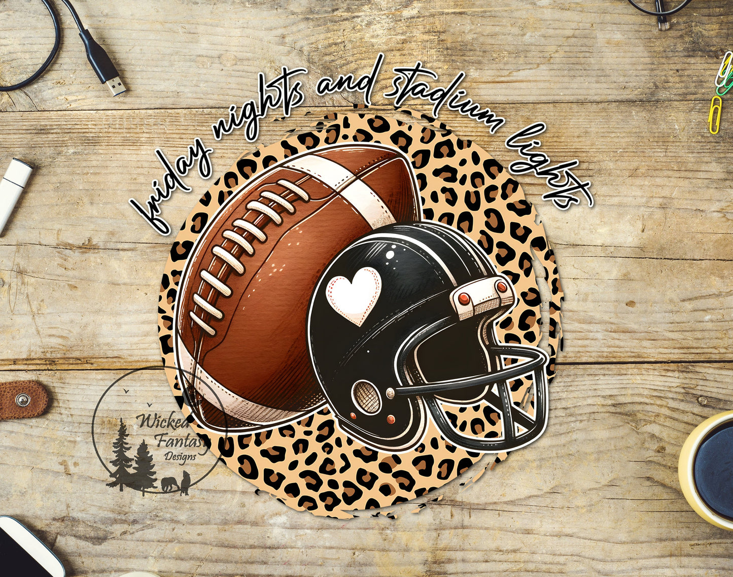 UVDTF Decal Football Friday Night Lights and Stadium Lights Leopard Print Heart 1pc
