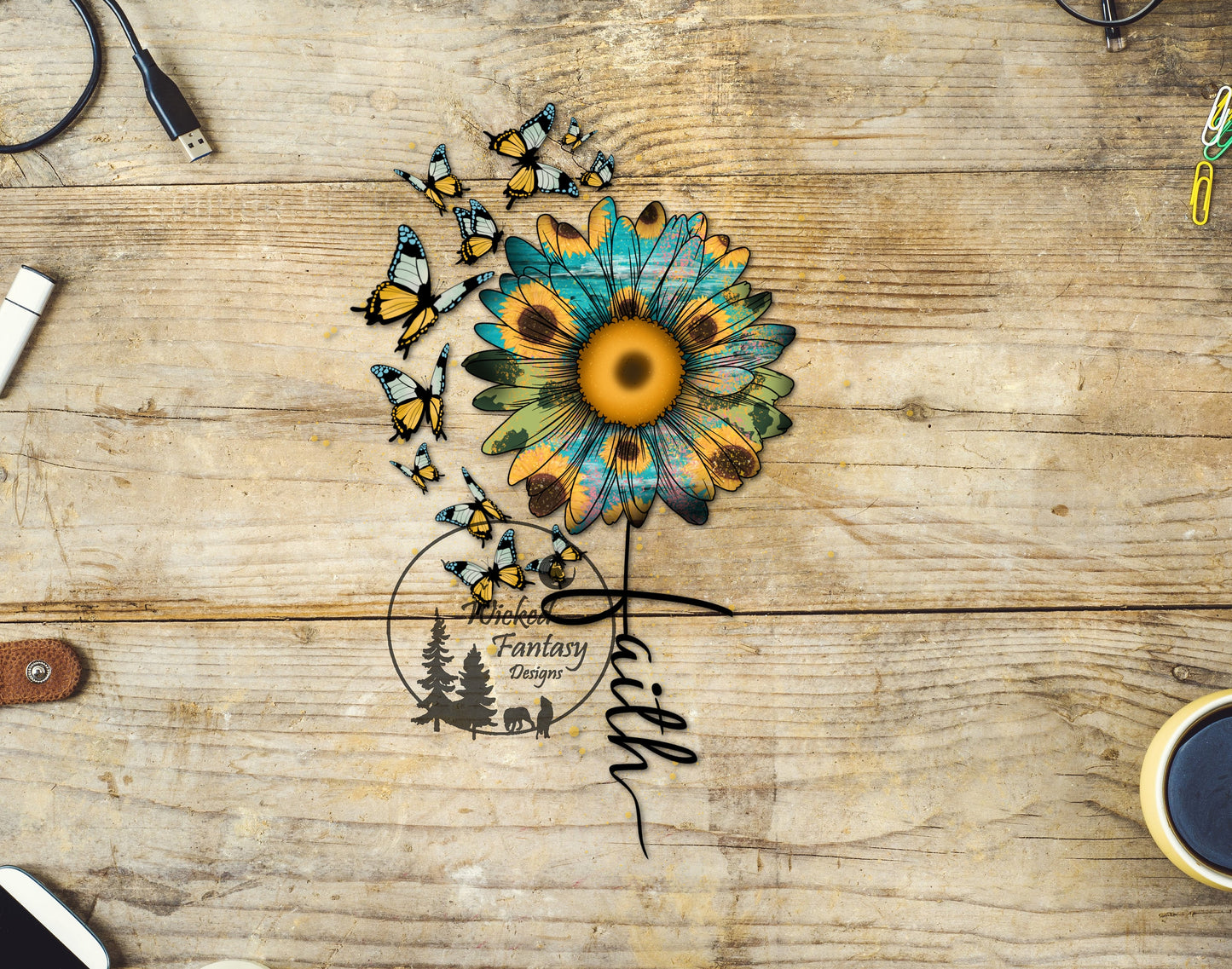 UVDTF Decal Faith Butterfly Blue Sunflower Religious 1pc