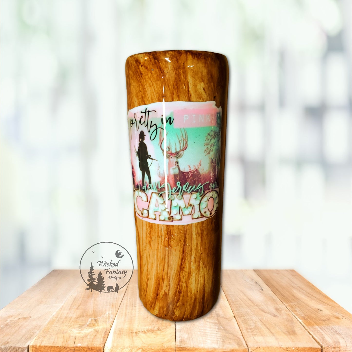 Woodgrain Pretty in Pink Dangerous in Camo Epoxy Tumbler 20oz Skinny