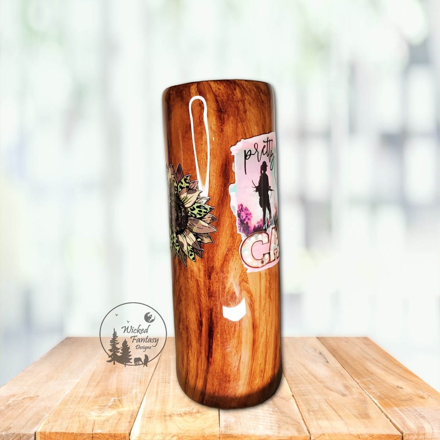 Woodgrain Pretty in Pink Dangerous in Camo Epoxy Tumbler 20oz Skinny