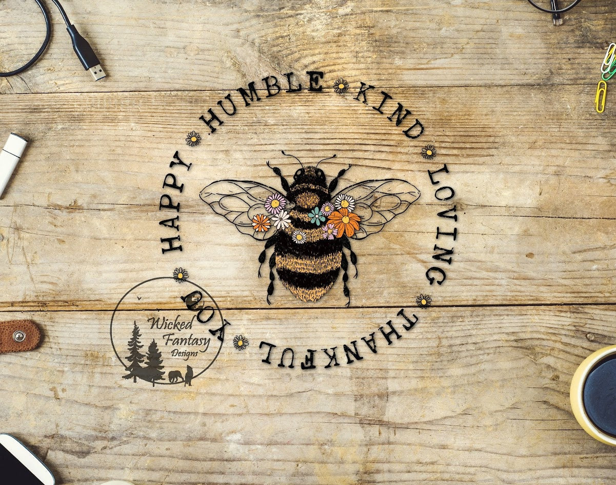 UVDTF Decal You Happy Humble Kind Loving Thankful  Bumble Bee Flowers 1pc