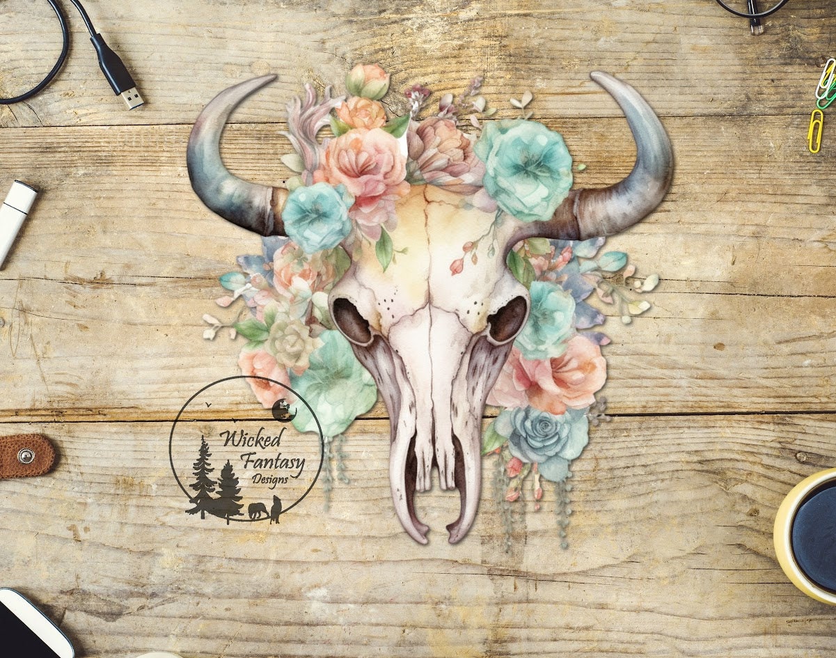 UVDTF Decal Pastel Flowers Cow Skull 1pc