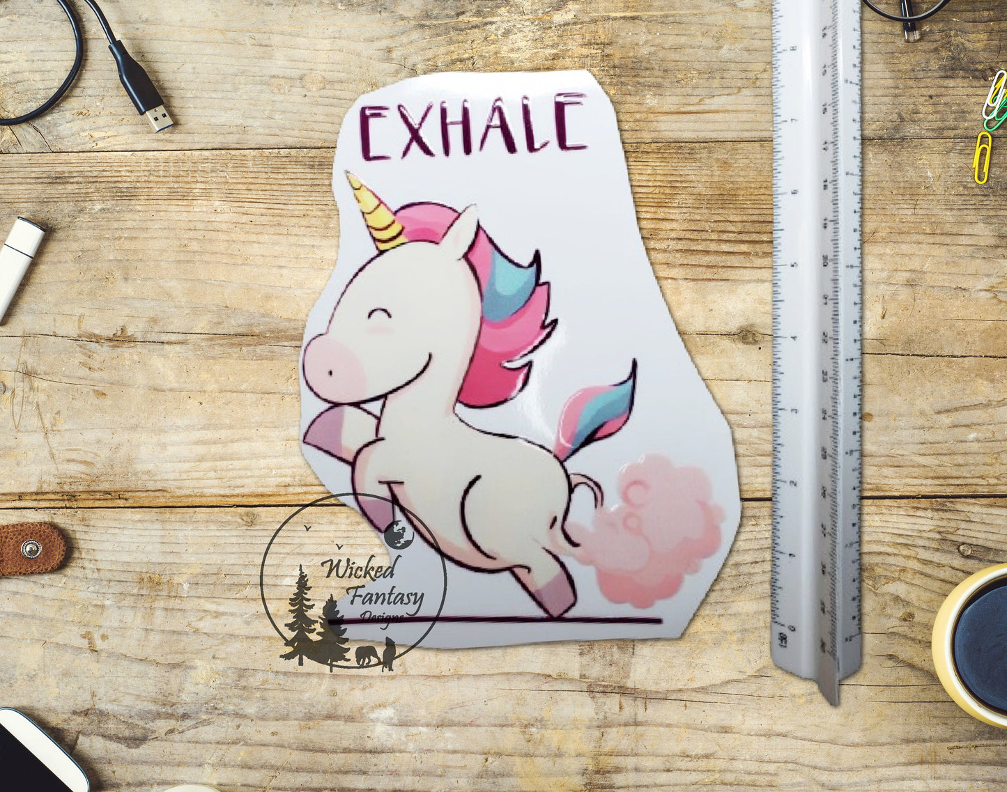 UVDTF Decal Large Cartoon Pastel Unicorn Inhale Exhale 4"x6" Transparent Background