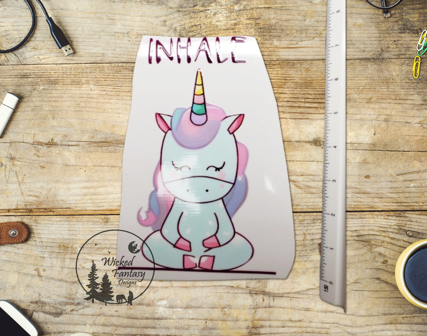 UVDTF Decal Large Cartoon Pastel Unicorn Inhale Exhale 4"x6" Transparent Background