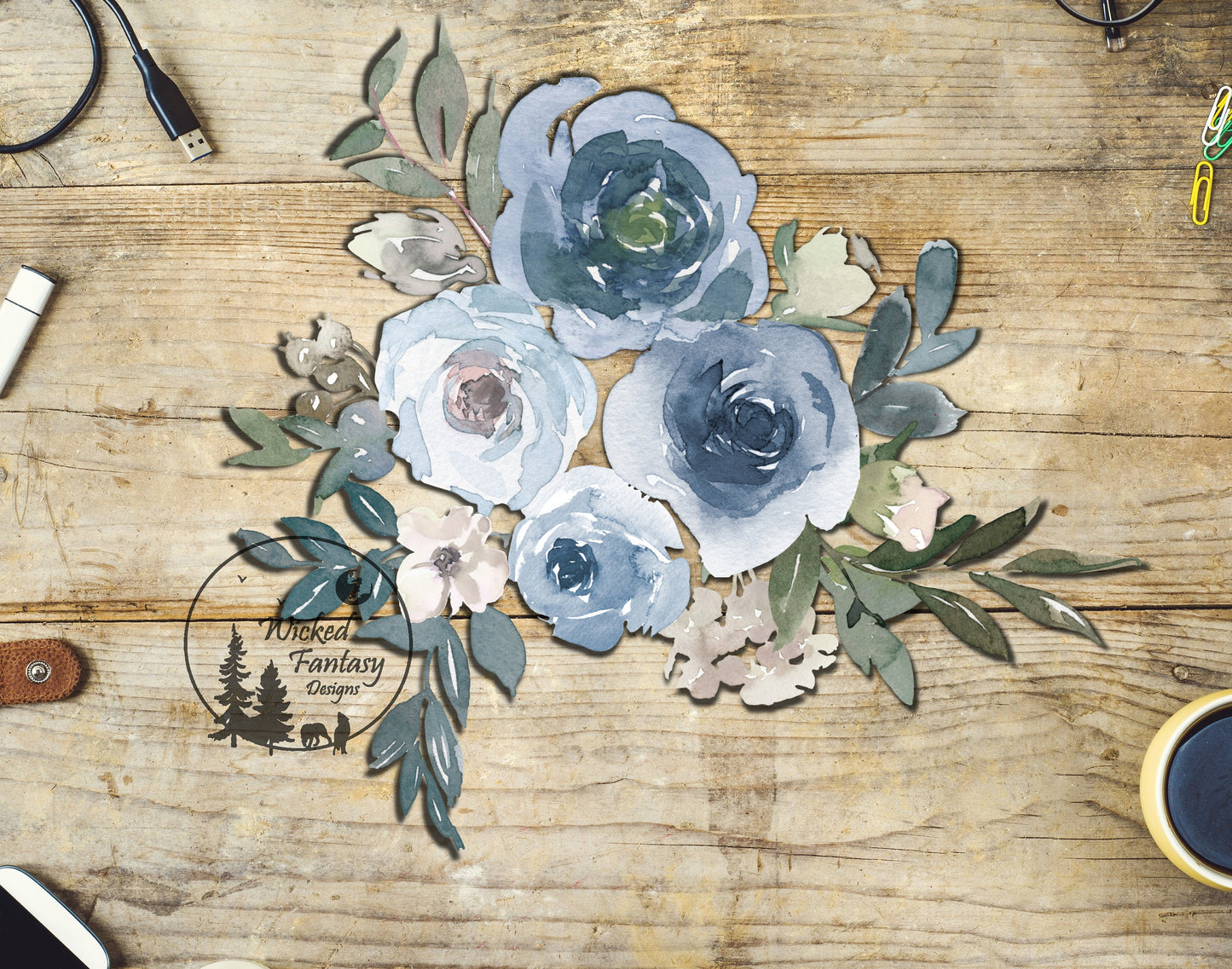 UVDTF Decal Pastel Blue Watercolor Flower Bouquet 1pc