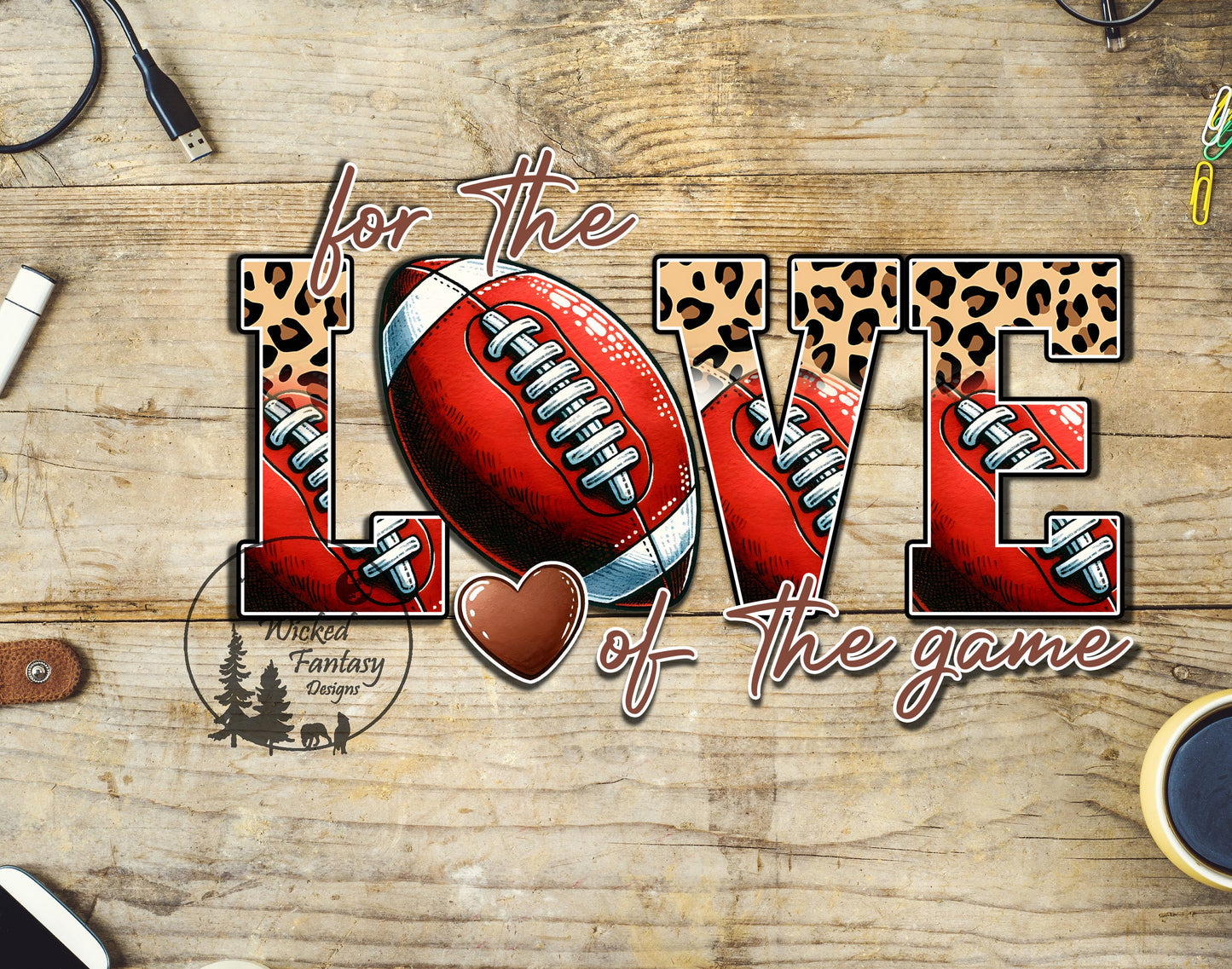 UVDTF Decal Football For the LOVE of the Game Leopard Print Heart 1pc