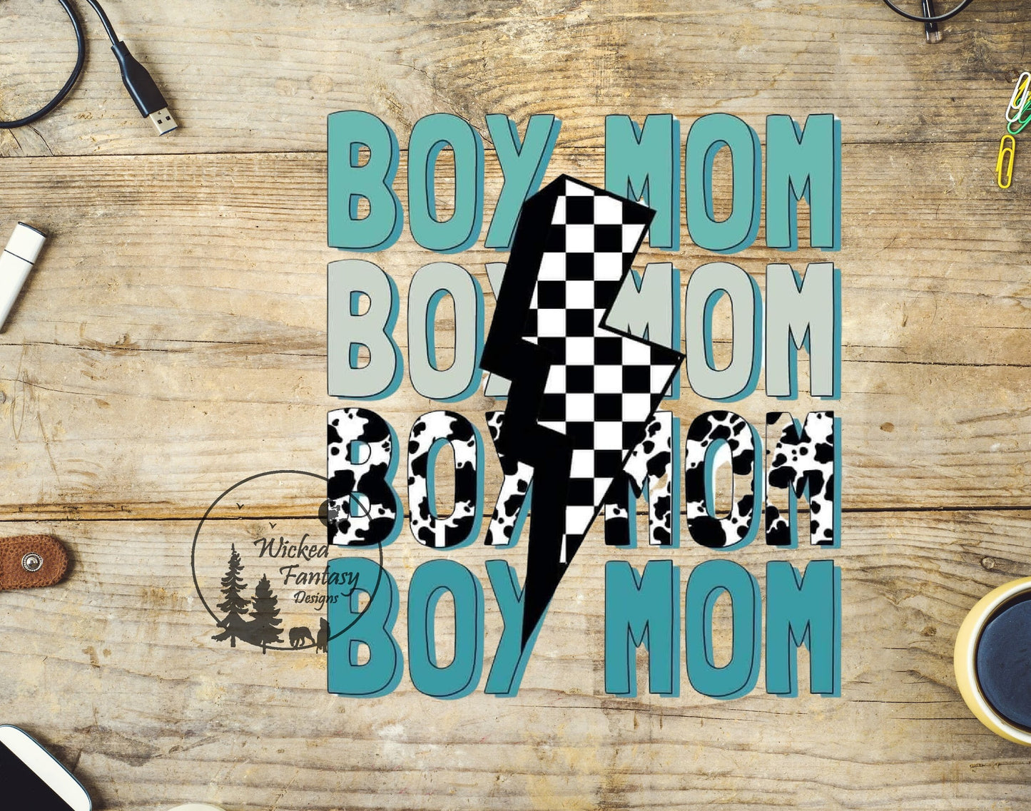 UVDTF Decal Boy Mom Blue White Cowprint Lightning Transparent Background 1pc