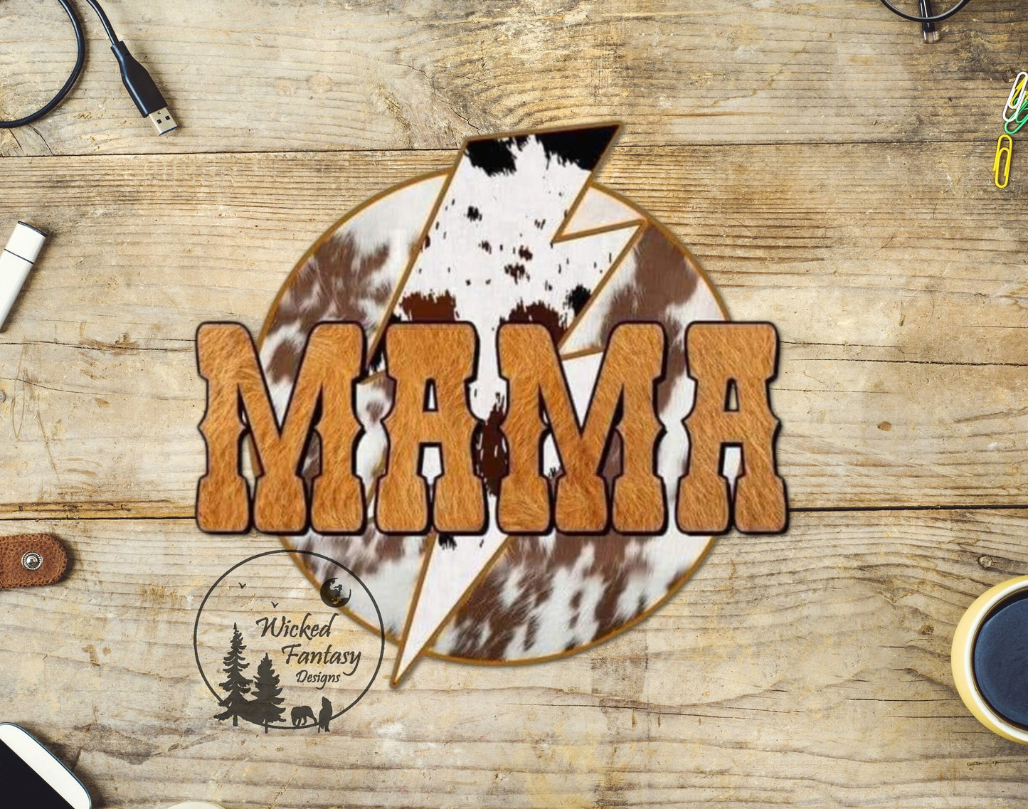 UVDTF Decal Mama Cowhide and Gold Lightning Bolt Transparent Background 1pc