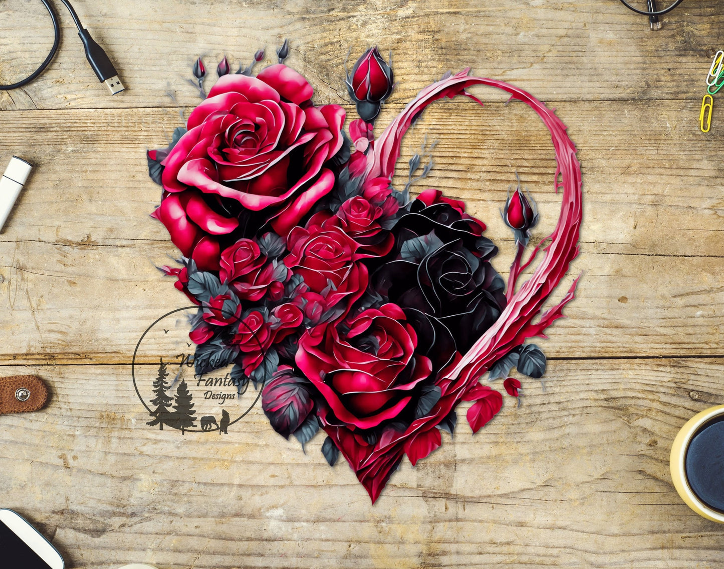 UVDTF Decal Red and Black Rose Flower Arrangement Heart Transparent Background 1pc
