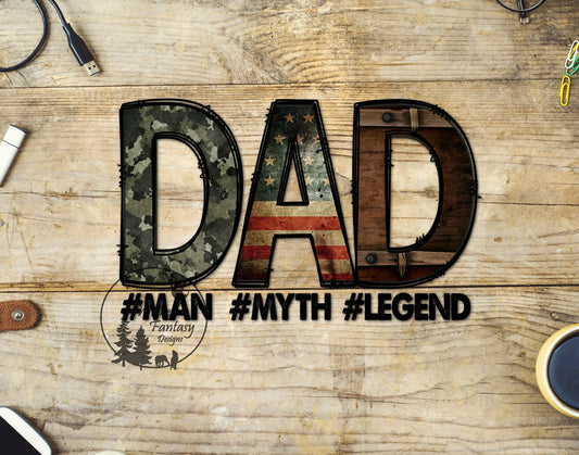 UVDTF Decal Dad Man Myth Legend Rustic Camo Flag and Barnwood Transparent Background 1pc