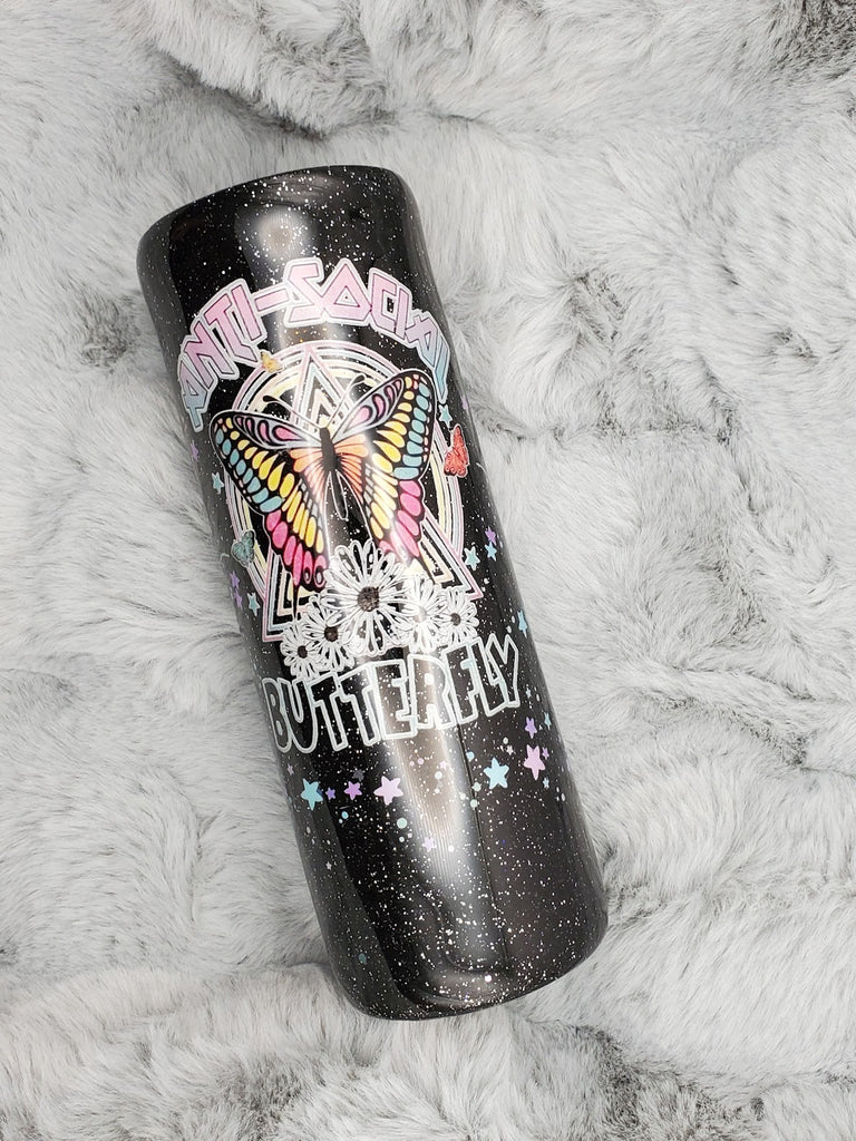 Anti-Social Butterfly Glitter and Epoxy 20oz Skinny Tumbler