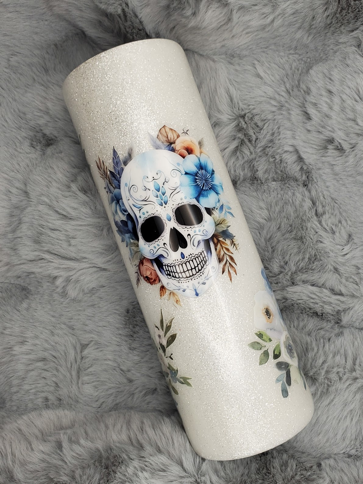 Ice Blue Sugar Skull and Water Color Flowers Glitter Epoxy 30oz Skinny Tumbler