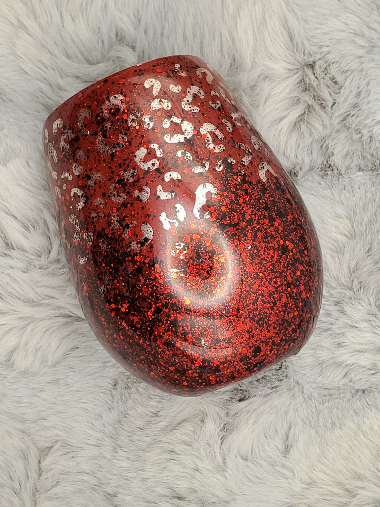 Silver Leopard Print and Red Glitter Ombre Curved Wine Tumbler