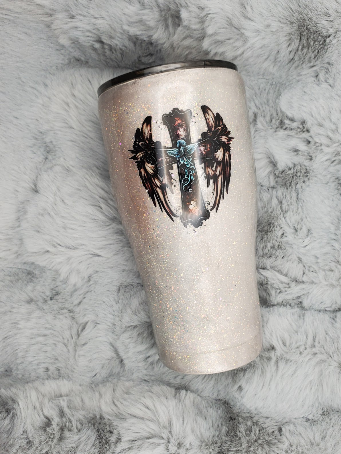 Cross with Wings Copper and Silver Glitter 30oz Tumbler