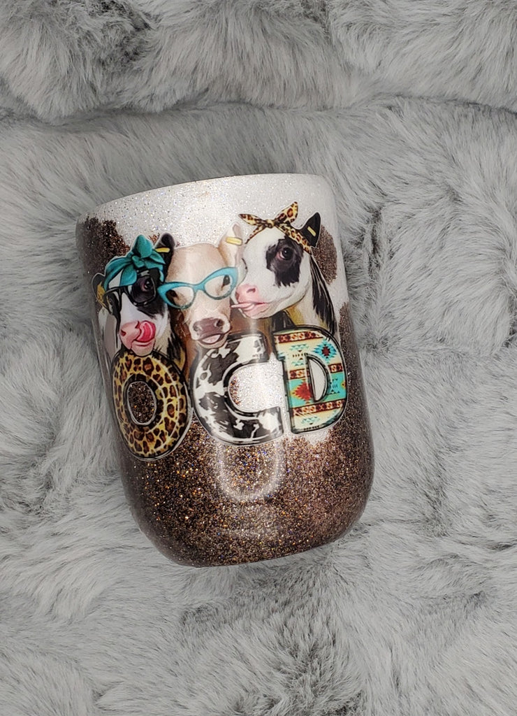 OCD Obsessive Cow Disorder Cow Print Glitter 12oz Wine Tumbler