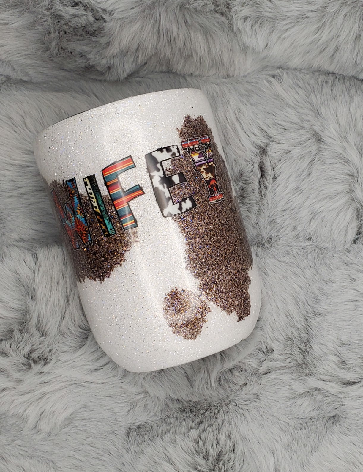 WIFEY Cowhide and Glitter Epoxy 12oz Wine Tumbler