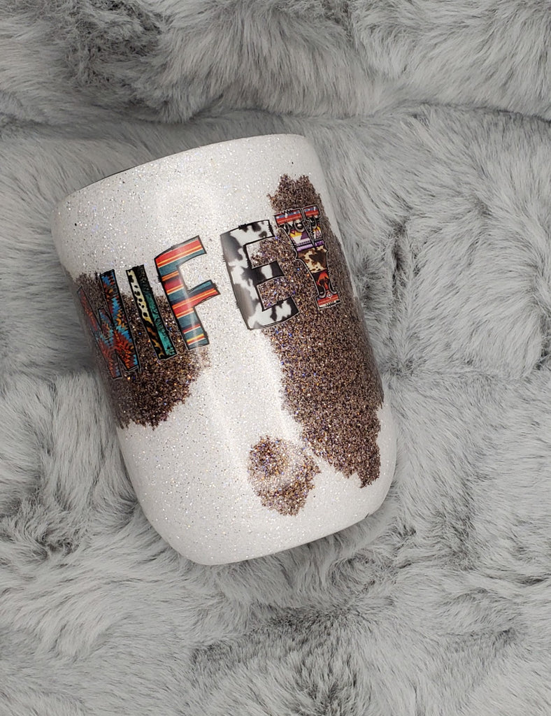 WIFEY Cowhide and Glitter Epoxy 12oz Wine Tumbler