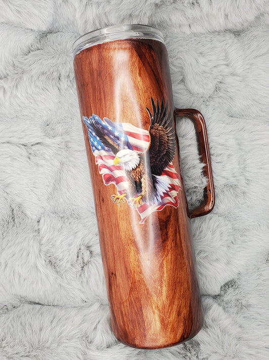 Eagle and American Flag 30oz Skinny Tumbler with Handle