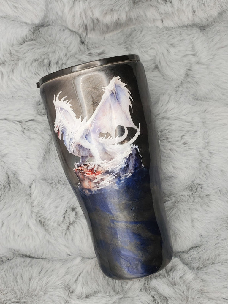 White Dragon Metallic Grey and Blue Epoxy 30oz Tumbler