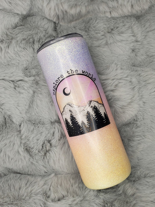 Explore The World Glitter Tumbler 20oz Skinny