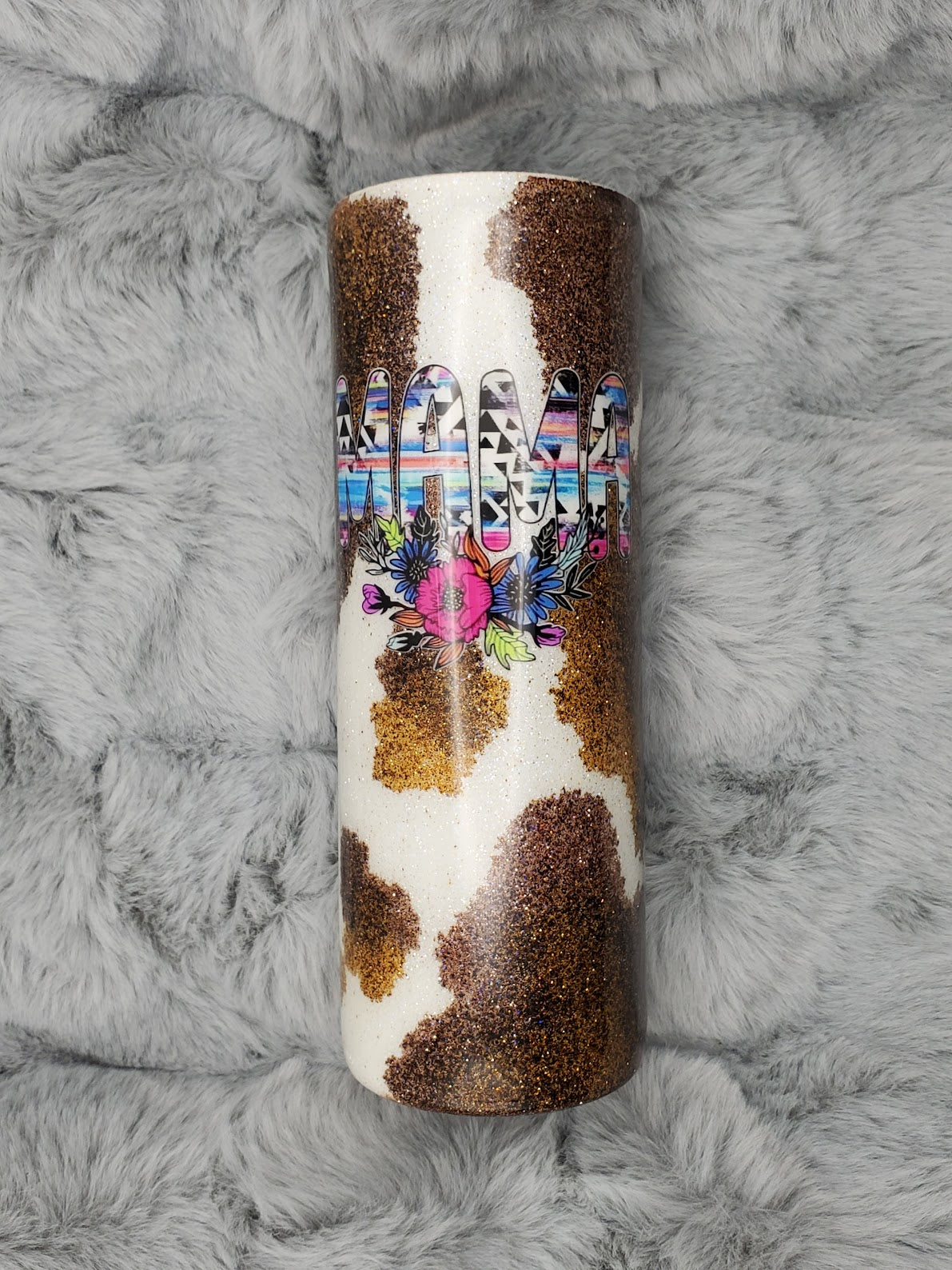 Ready to Ship Mama Aztec Pattern with Flowers Glitter Tumbler 20oz Skinny