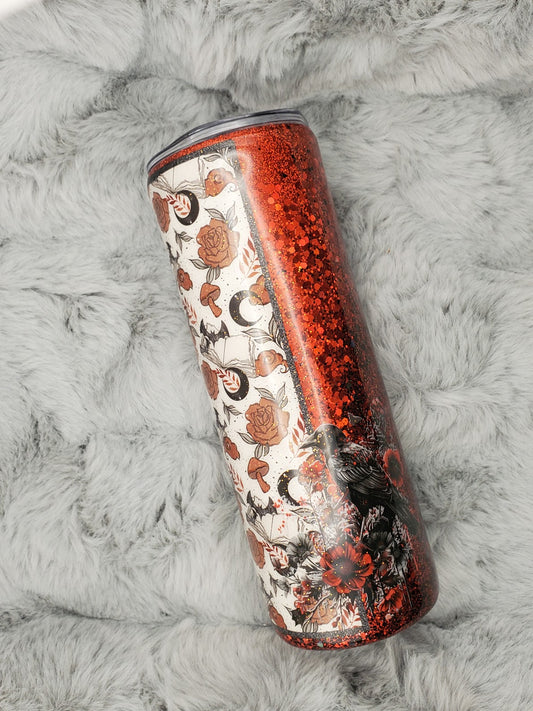 Crow with Black and Red Flowers Glitter Tumbler 20oz Skinny
