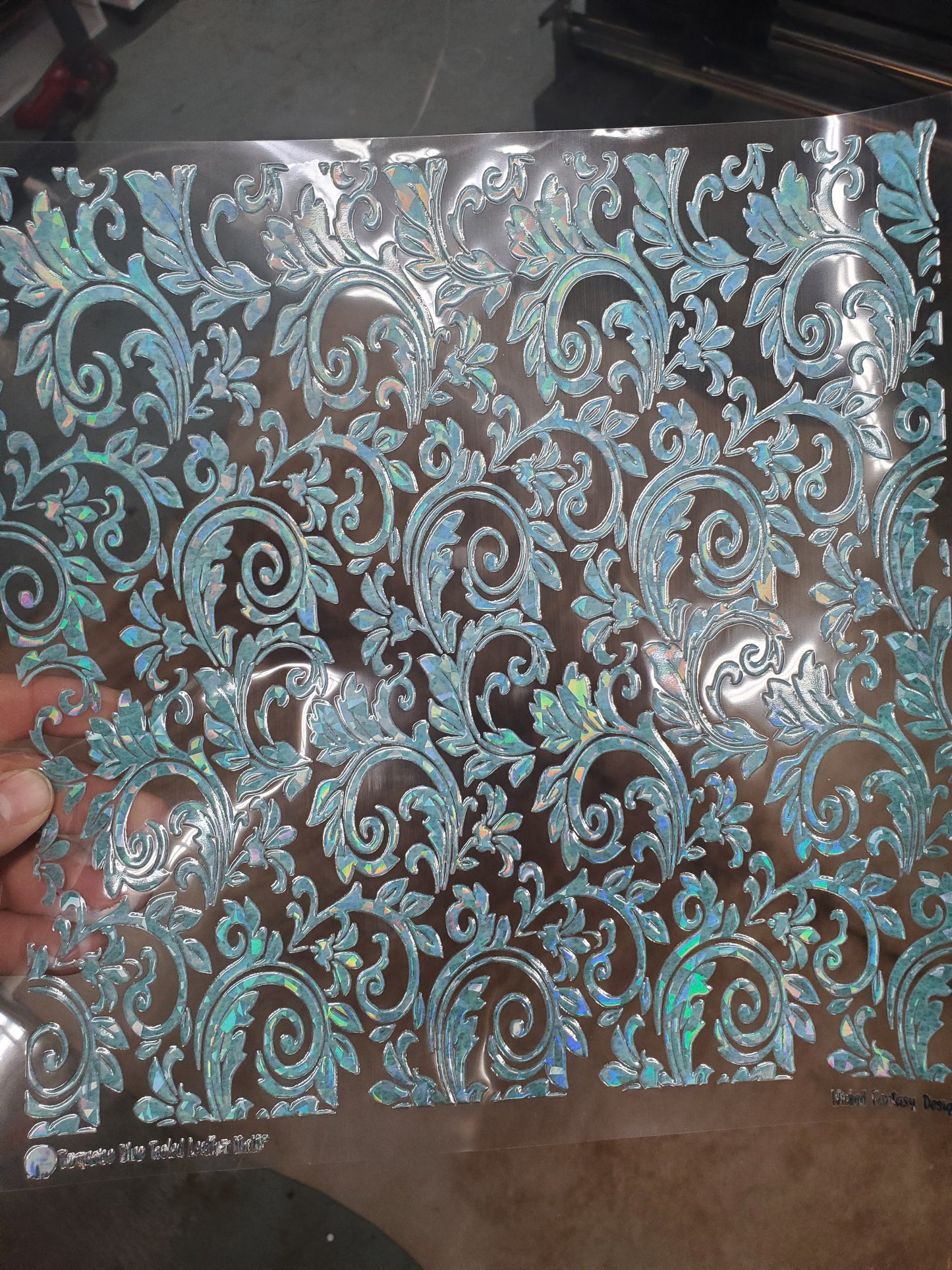 UVDTF Shattered Holographic Turquoise Blue Textured Tooled Leather Print 10"x10" Element