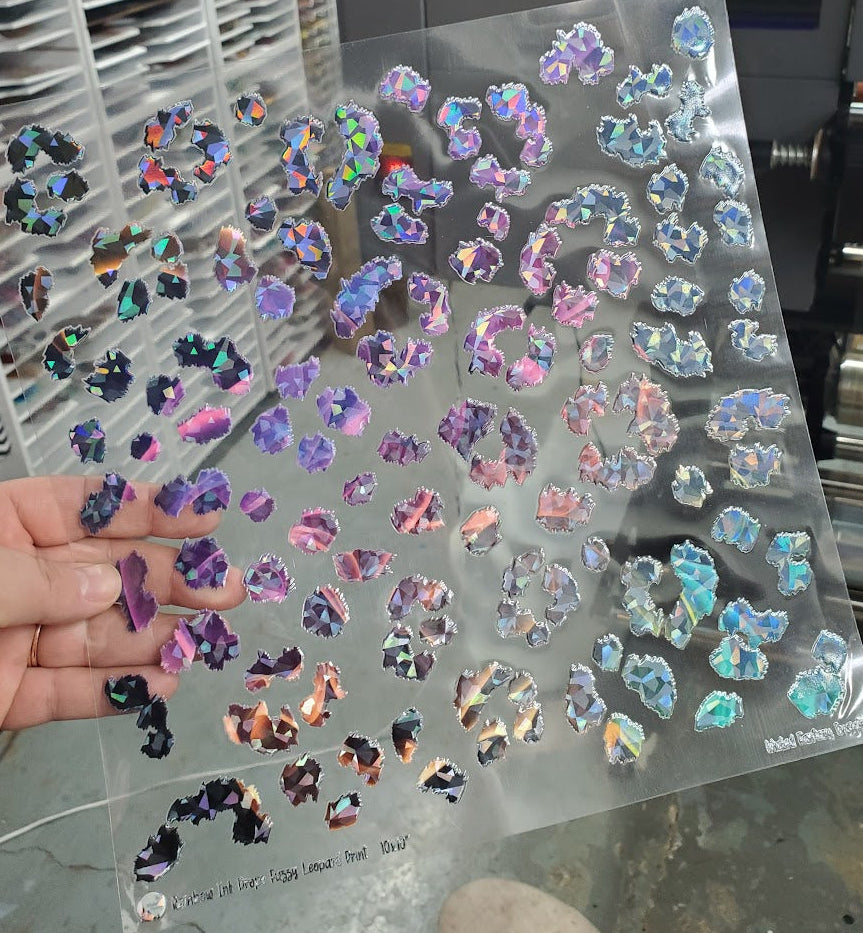 UVDTF Shattered Holographic Rainbow Ink Drops Leopard Print 10"x10"