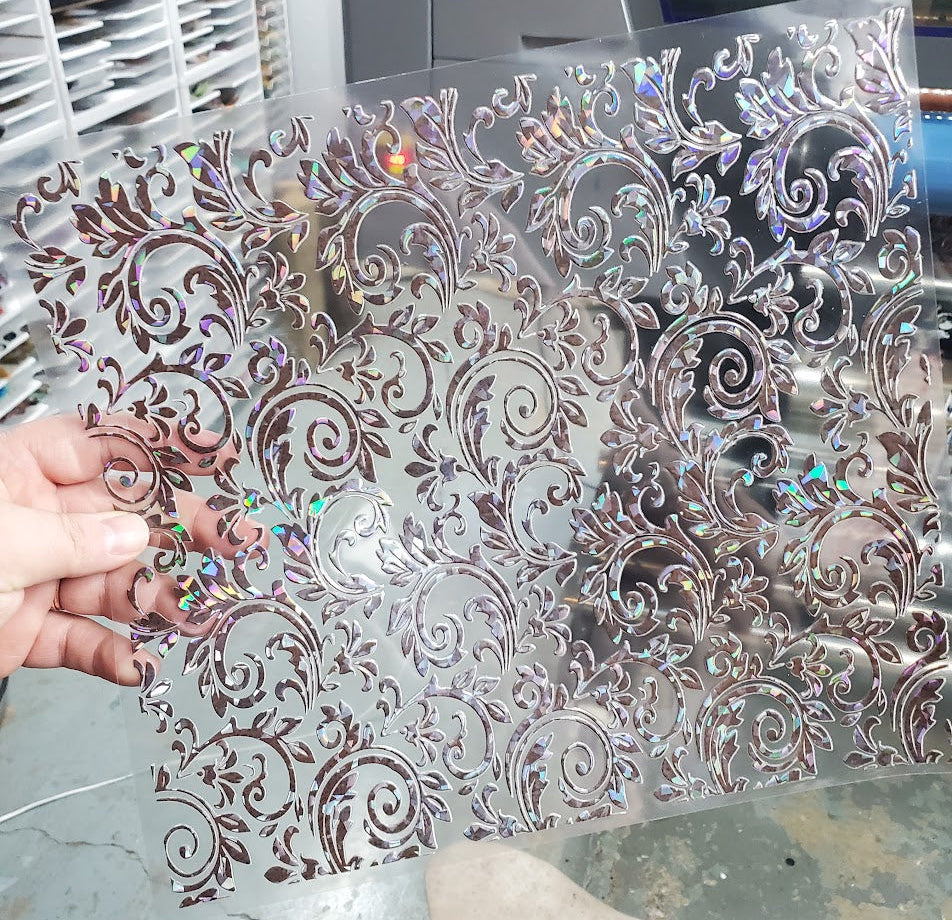 UVDTF Shattered Holographic Chocolate Tooled Leather 10"x10"