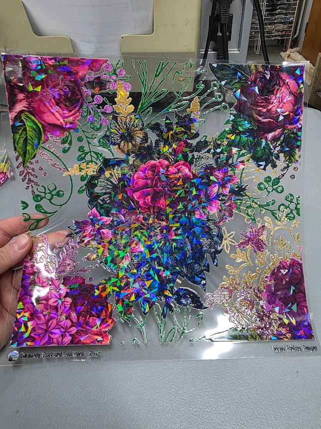 UVDTF Shattered Holographic Burgundy Black and Gold Floral 11"x11"
