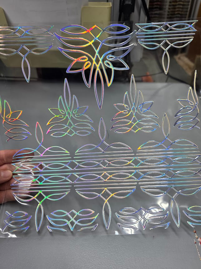 UVDTF Laser Holographic Silver Boot Stitch 11"x11"