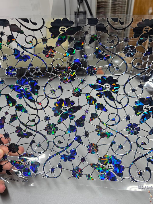 UVDTF Shattered Holographic Black Midnight Floral Lace 11"x11"