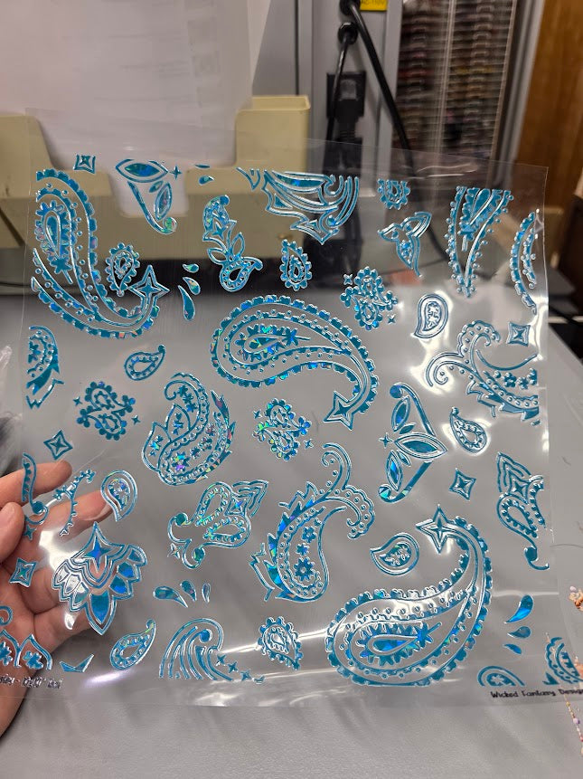 UVDTF Shattered Holographic Teal Paisley 11"x11"