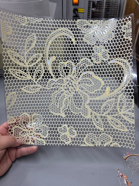 UVDTF Shattered Holographic Ivory Lemon Chiffon Lace  11"x11"